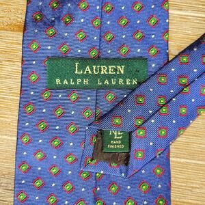 Lauren Ralph Lauren Silk Brocade Blue Tie with Geometric Pattern Hand Finished
